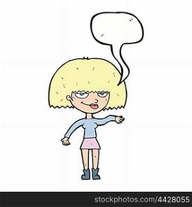 cartoon smug woman making dismissive gesture with speech bubble