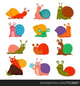 Cartoon snail. Cute slug, mollusk with shell and escargot. Funny animals vector characters. Snail slug, mollusk in shell, slow wildlife illustration. Cartoon snail. Cute slug, mollusk with shell and escargot. Funny animals vector characters