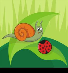 Cartoon snail with ladybug sitting on leaves
