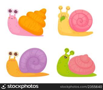 Cartoon snails. Slow colorful animals with spiral shell crawling. Friendly characters smiling, laughing and eating leaf. Little pink, orange, green and yellow slugs isolated vector set. Cartoon snails. Slow colorful animals with spiral shell crawling. Friendly characters smiling, laughing and eating leaf
