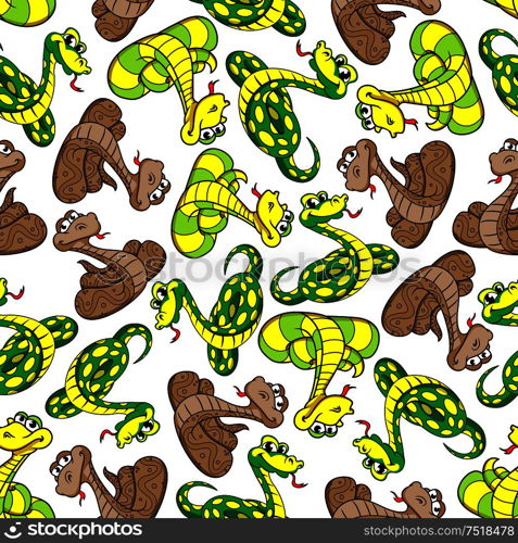 Cartoon snakes seamless pattern of green and brown reptiles with yellow spots and stripes over white background. Childish room interior or wildlife design. Funny cartoon snakes seamless pattern background