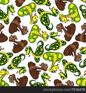 Cartoon snakes seamless pattern of green and brown reptiles with yellow spots and stripes over white background. Childish room interior or wildlife design. Funny cartoon snakes seamless pattern background