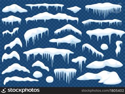 Cartoon snow caps. Snowdrift, pile of snow, snowball, roof or window snowcap with icicles. Winter christmas snowy decoration element vector set. Fluffy and frosty tops for winter season. Cartoon snow caps. Snowdrift, pile of snow, snowball, roof or window snowcap with icicles. Winter christmas snowy decoration element vector set