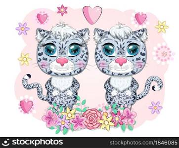 Cartoon snow leopard couple with expressive eyes among flowers, hearts, decorative elements. Wild animals, character, childish cute style.. Cartoon snow leopard with expressive eyes among flowers, hearts, decorative elements. Wild animals, character, childish cute style.