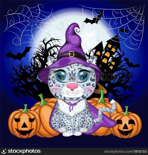 Cartoon snow leopard, leopard, akbars, irbis in a purple witch&rsquo;s hat and cloak with pumpkins, against the backdrop of a castle, the moon and trees. Halloween poster. Cartoon snow leopard, leopard, akbars, irbis in purple witch hat and cloak. Halloween