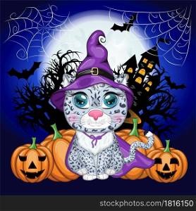 Cartoon snow leopard, leopard, akbars, irbis in a purple witch&rsquo;s hat and cloak with pumpkins, against the backdrop of a castle, the moon and trees. Halloween poster. Cartoon snow leopard, leopard, akbars, irbis in purple witch hat and cloak. Halloween