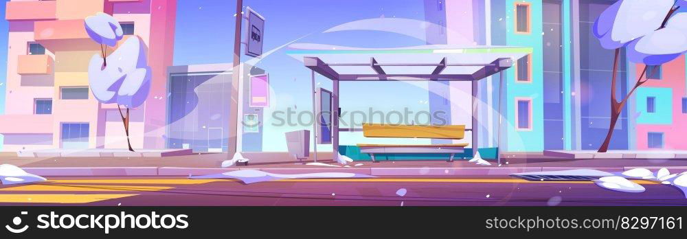 Cartoon snowfall in winter city street with bus stop. Vector illustration of modern cityscape with urban buildings, snow on trees, pedestrian crossing on empty road. Public transport station in town. Cartoon winter city street with bus stop
