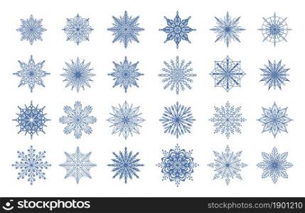 Cartoon snowflakes. Winter geometrical ornamental frozen water symbols. Christmas snow seasonal decorations mockup. Blue flakes isolated collection. Snowfall pictograms. Vector Xmas ice crystals set. Cartoon snowflakes. Winter geometrical ornamental frozen water symbols. Christmas snow decorations mockup. Blue flakes isolated collection. Snowfall pictograms. Vector ice crystals set