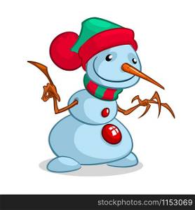 Cartoon snowman. Christmas snowman with wooden hands illustration