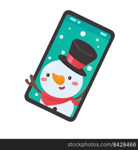 Cartoon snowman coming out of the mobile phone screen on christmas day
