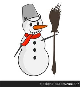 cartoon snowman hand drawn with broom for new year card decor