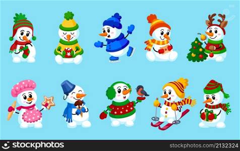Cartoon snowman. Happy snowmen collection, snow winter characters in hat and scarfs. Christmas symbol, xmas kids cute friends garish vector set. Illustration of snowman happy collection. Cartoon snowman. Happy snowmen collection, snow winter characters in hat and scarfs. Christmas symbol, xmas kids cute friends garish vector set