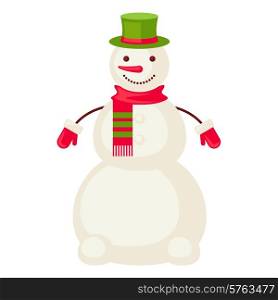 Cartoon snowman with mittens isolated.