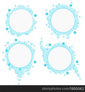Cartoon soap bubbles frame. Blue foam suds isolated on white background. Vector set. Place for text.. Cartoon soap bubbles frame. Blue foam suds isolated on white background. Vector set. Place for text