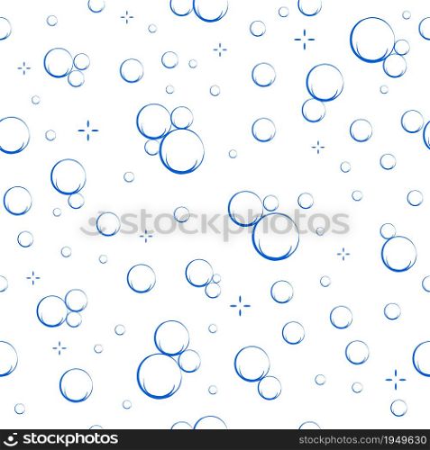 Cartoon soap bubbles seamless pattern. Effervescent oxygen bubbles, bath suds, fizzy soda or drink. Hand drawn vector illustration.
