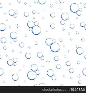 Cartoon soap bubbles seamless pattern. Effervescent oxygen bubbles, bath suds, fizzy soda or drink. Hand drawn vector illustration.