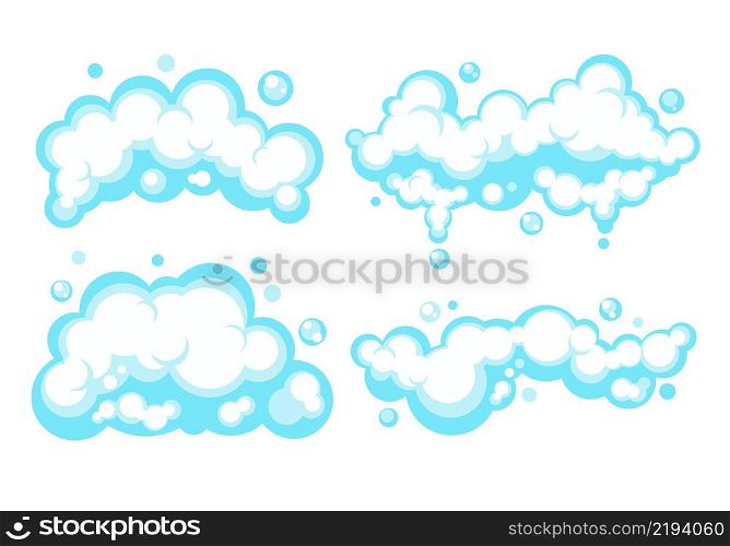 Cartoon soap foam set with bubbles. Light blue suds of bath, shampoo, shaving, mousse. Vector illustration. EPS 10.. Cartoon soap foam set with bubbles. Light blue suds of bath, shampoo, shaving, mousse. Vector illustration. EPS 10