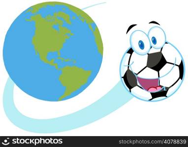 Cartoon Soccer Ball Fly Around The Globe