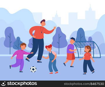 Cartoon soccer coach training class. Happy children playing football on field flat vector illustration. School, sport, teaching, outdoor activities concept
