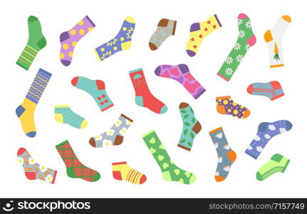 Cartoon socks. Bundle of socks with textures and patterns, image winter clothing elements. Vector flat design creative set of different woolen and cotton socks with holiday patterns. Cartoon socks. Bundle of socks with textures and patterns, winter clothing elements. Vector flat set of woolen and cotton socks