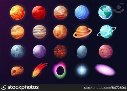 Cartoon Solar system. Astronomical objects in planetary system, Mars Venus Earth Moon Jupiter. Vector set collection images astronomy planets. Cartoon Solar system. Astronomical objects in planetary system, Mars Venus Earth Moon Jupiter. Vector set