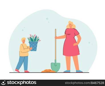 Cartoon son with potted plant and mother with shovel. Woman and boy planting flowers in garden together flat vector illustration. Gardening, family concept for banner, website design or landing page