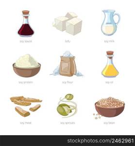 Cartoon soy food vector set. Healthy diet, seed soya, tofu and milk, vegan organic soybean illustration. Cartoon soy food vector set