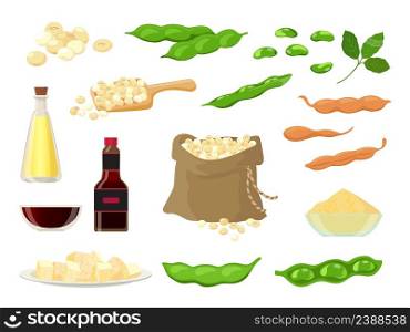 Cartoon soy product, oil, milk, miso, tofu and sauce. Dry soya beans in bag, spoon, pods and leaf. Healthy vegetarian legume food vector set. Asian ingredient for vegan products isolated on white. Cartoon soy product, oil, milk, miso, tofu and sauce. Dry soya beans in bag, spoon, pods and leaf. Healthy vegetarian legume food vector set