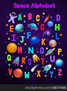 Cartoon space alphabet. Vector childish colorful font, uppercase type with futuristic ufo saucer, astronaut and shuttles or rockets in galaxy with stars and nebula. Cute typeface, galactic abc letters. Cartoon space alphabet, childish colorful font,