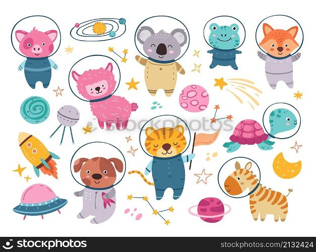 Cartoon space animals. Animal astronauts, spaceship and stars. Universe travel, kids funny friends. Childish adventures in cosmos neoteric vector set. Illustration of astronaut animal in space. Cartoon space animals. Animal astronauts, spaceship and stars. Universe travel, kids funny friends. Childish adventures in cosmos neoteric vector set