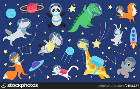Cartoon space animals. Cute astronaut animal in costume, universe travel on spaceship. Kids stickers, children dream cosmos adventures vector set. Illustration of panda and crocodile, wolf and giraffe. Cartoon space animals. Cute astronaut animal in costume, universe travel on spaceship. Kids stickers, children dream cosmos adventures decent vector set