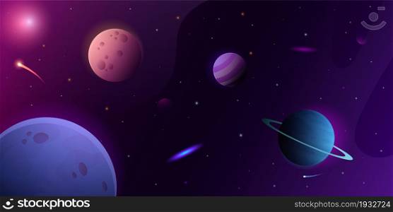 Cartoon space background. Starry universe sky with alien planets. Asteroids and nebula. Science fiction galaxy purple wallpaper. Cosmos interstellar exploration. Vector cosmic dark night atmosphere. Cartoon space background. Starry universe sky with alien planets. Asteroids and nebula. Science fiction galaxy wallpaper. Cosmos interstellar exploration. Vector cosmic night atmosphere