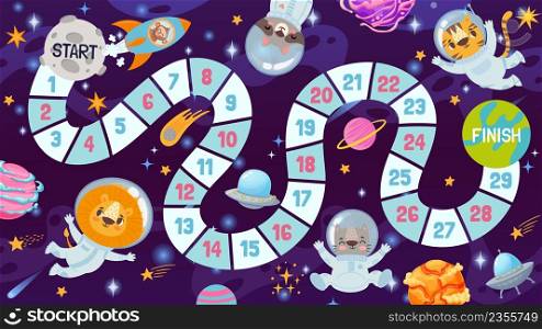 Cartoon space board game for kids with animals astronauts. Path map for children galaxy dice play. Cosmos race strategy game vector template. Lion, tiger, cat, raccoon and monkey have adventure. Cartoon space board game for kids with animals astronauts. Path map for children galaxy dice play. Cosmos race strategy game vector template