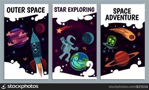 Cartoon space flyers. Astronomy future presentation. Galaxy explorers, universe journey with astronaut, comet and rocket vector poster with earth, planets and star for futuristic cover. Cartoon space flyers. Astronomy future presentation. Galaxy explorers, universe journey with astronaut, comet and rocket vector poster