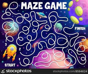 Cartoon space galaxy planets and stars, spacecraft UFO labyrinth maze, vector game worksheet. Kids escape puzzle or labyrinth maze riddle to find way on start and finish with fantasy galaxy rockets. Cartoon space galaxy UFO, planets, labyrinth maze