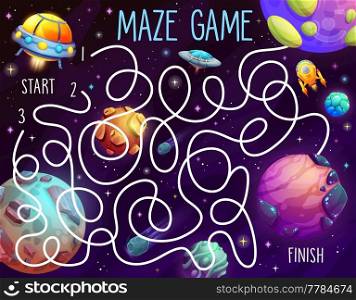 Cartoon space galaxy planets, ufo and alien starships labyrinth maze game. Kids vector boardgame worksheet with tangled path, start and finish in cosmos. Educational preschool children riddle task. Cartoon space planets and ufo labyrinth maze game