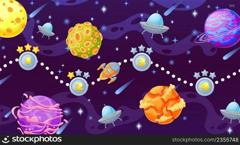 Cartoon space game level map with planets and rocket. Cosmic ui screen for computer arcade with spaceship, stars galaxy and ufo vector scene. Extraterrestrial adventure, universe discovery. Cartoon space game level map with planets and rocket. Cosmic ui screen for computer arcade with spaceship, stars galaxy and ufo vector scene