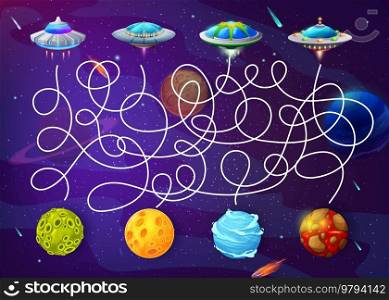 Cartoon space labyrinth, help ufo to find the planet maze game vector worksheet. Kids education pathfinding puzzle, find right way riddle with flying saucers and space planets of alien world universe. Cartoon space labyrinth, help ufo to find planet