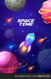 Cartoon space landscape. Rocket spaceship between galaxy planets and stars. Vector background with spaceship travel in Universe exploring cosmos and alien world. Shuttle flying at celestial starry sky. Cartoon space landscape with rocket spaceship