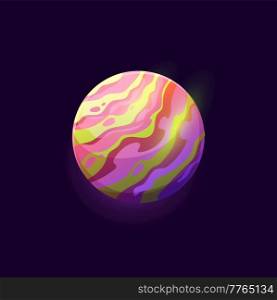 Cartoon space planet with striped surface. Vector galaxy object, colorful glowing sphere in far universe. Ui game globe, isolated fantastic comet, meteor in dark sky, fantasy world in deep space. Cartoon space planet with striped surface, comet