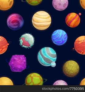 Cartoon space planets and stars seamless pattern, vector galaxy background. Asteroids and fantasy space planets in space with meteorites, meteors and comets, cartoon cosmic planetary sky background. Cartoon space planets and stars seamless pattern