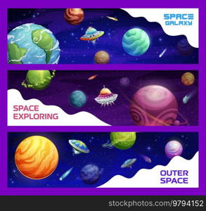 Cartoon space planets and ufo. Vector banners with alien saucers in galaxy. Funny background with extraterrestrial shuttles and cosmic objects in universe, interstellar travel, outer space exploration. Cartoon space planets and ufo vector banners set