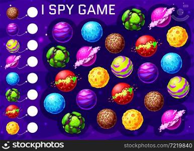 Cartoon space planets, kids I spy game riddle, vector find and match puzzle. Kids tabletop puzzle or I spy board game with space planets, cosmos asteroids and meteors of ice, fire lava and craters. Cartoon space planets, kids I spy game riddle
