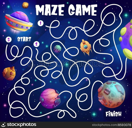 Cartoon space planets, stars and spacecraft UFO, labyrinth maze game, vector escape puzzle. Kids labyrinth maze game worksheet with start and finish to find way out for space rocket shuttle in galaxy. Cartoon space planets and UFO labyrinth maze game