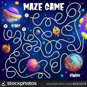 Cartoon space planets, stars and spacecraft UFO, labyrinth maze game, vector escape puzzle. Kids labyrinth maze game worksheet with start and finish to find way out for space rocket shuttle in galaxy. Cartoon space planets and UFO labyrinth maze game