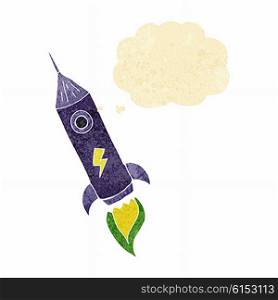 cartoon space rocket with thought bubble