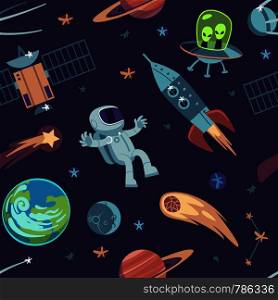 Cartoon space seamless background. Hand drawn galaxy pattern with spaceships satellites planets astronauts, kids doodle vector child futuristic cosmic design. Cartoon space seamless background. Hand drawn galaxy pattern with spaceships satellites planets astronauts, kids doodle vector design