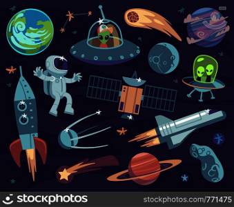 Cartoon space set. Cute astronauts and ufo aliens, satellite planets and stars. Meteorite and spaceship kids wallpapers vector comic doodle asteroid and sputnik, comet and fantastic moon print. Cartoon space set. Cute astronauts and ufo aliens, satellite planets and stars. Meteorite and spaceship kids wallpapers vector print