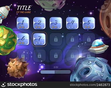 Cartoon space vector background for UI game. Button user app, universe and asteroid, rocketship and explore crater or ufo illustration. Cartoon space vector background for UI game