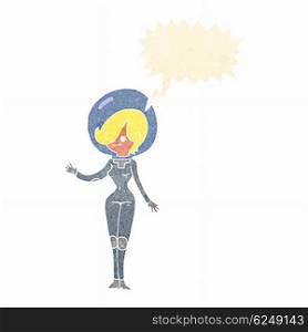 cartoon space woman with speech bubble
